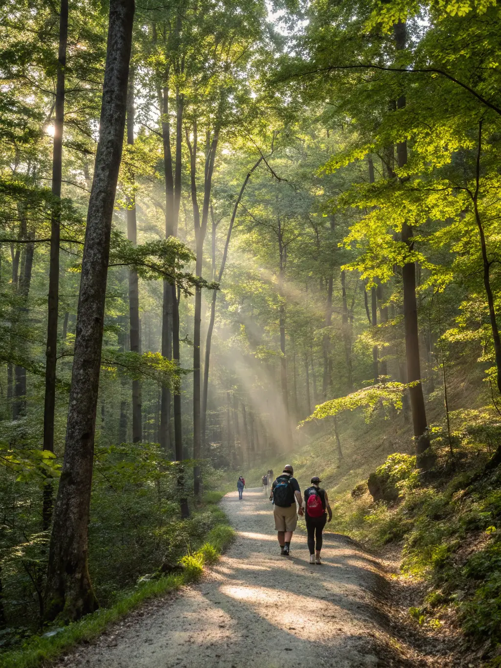 A group of hikers walking through a forest trail, sunlight filtering through the trees, showcasing a typical RANDONNEES DE L'ABBATIALE hiking activity.