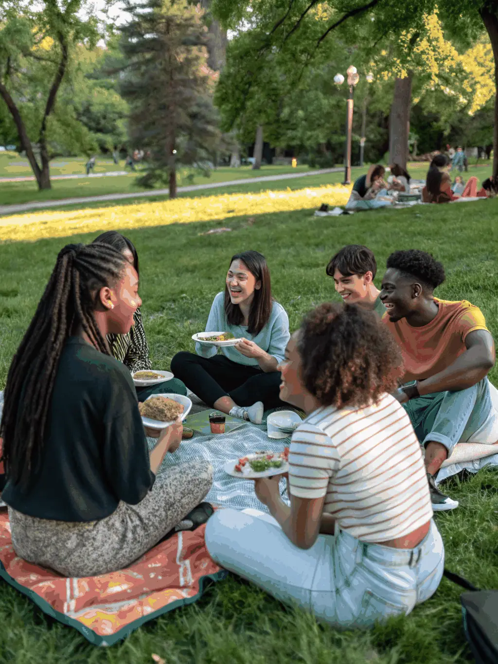 A group of people of varying ages laughing and enjoying a picnic in a picturesque outdoor setting during a RANDONNEES DE L'ABBATIALE event.