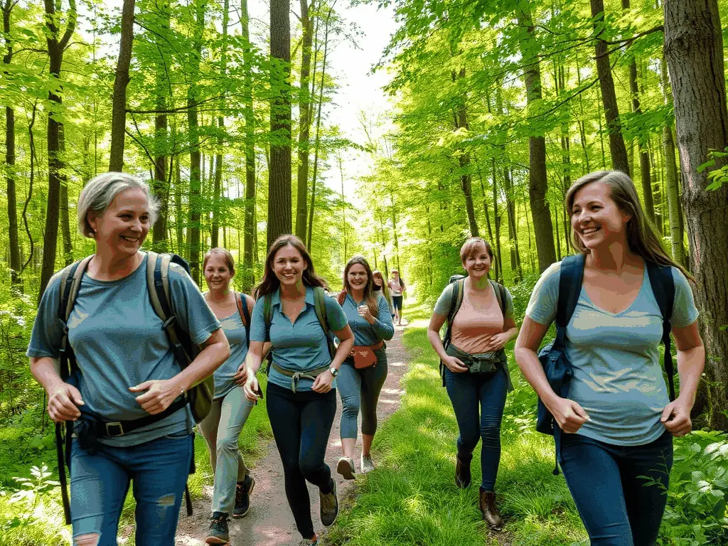 A group of hikers laughing and chatting as they walk along a scenic trail through a forest, sunlight filtering through the trees, representing the social benefits of joining RANDONNEES DE L'ABBATIALE.