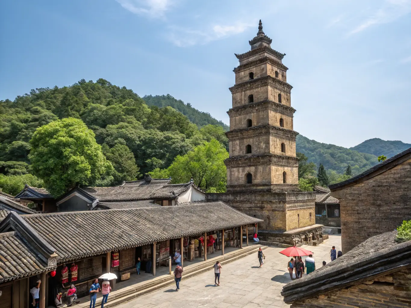A picturesque view of a historical landmark or cultural site along a hiking trail, showcasing the opportunity to discover the natural and cultural heritage of the region with RANDONNEES DE L'ABBATIALE.