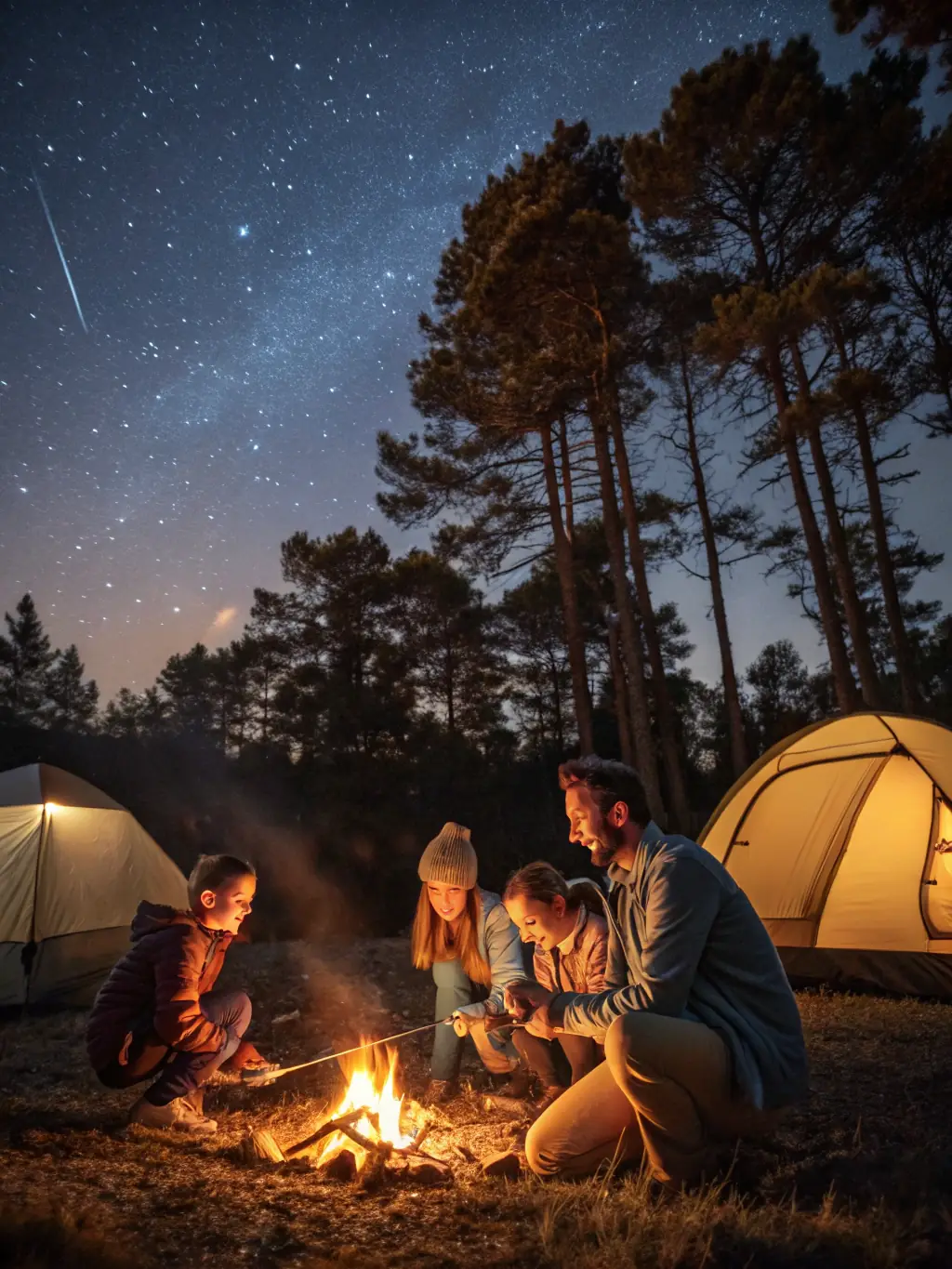 An image of a group of travelers laughing and sharing stories around a campfire during a multi-day trip organized by RANDONNEES DE L'ABBATIALE, highlighting the social and convivial aspect of their trips.