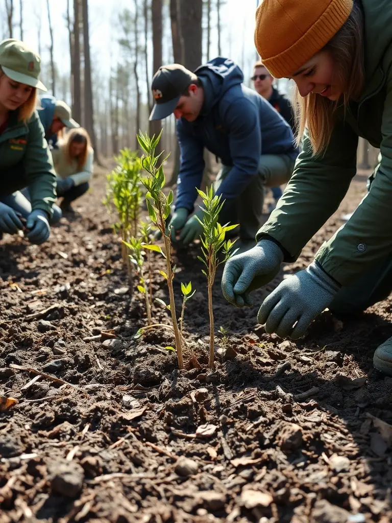 A photograph of a group participating in a nature conservation activity, such as planting trees or cleaning up a trail, organized by RANDONNEES DE L'ABBATIALE.