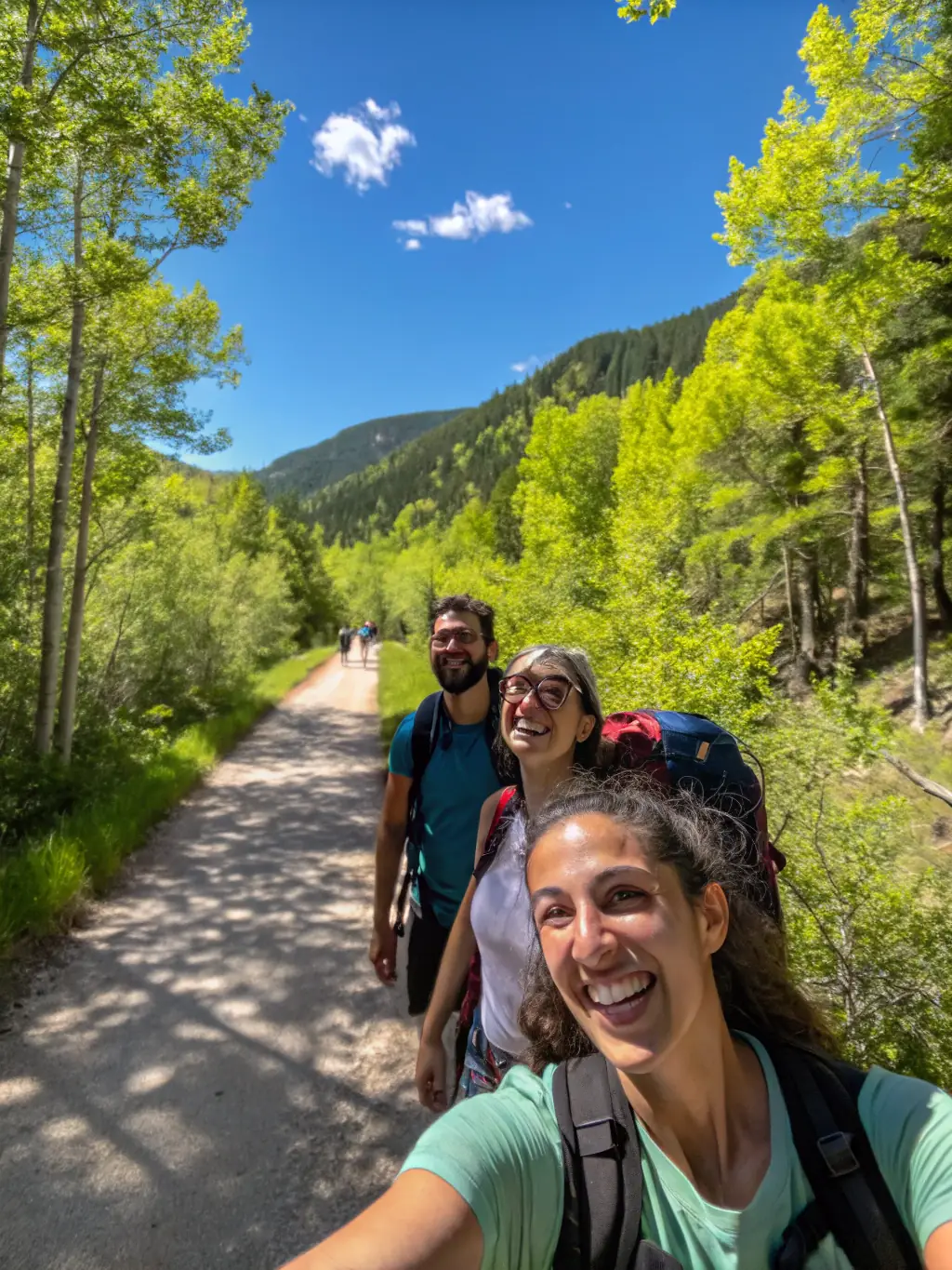 A photograph of a diverse group of participants, including families and seniors, participating in a nature walk organized by RANDONNEES DE L'ABBATIALE, emphasizing the accessibility and inclusivity of their activities.