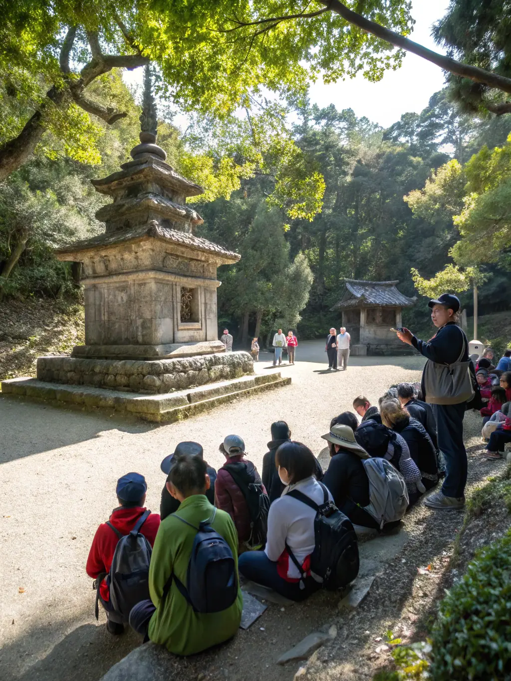 A photograph of a historical landmark in a rural setting, with a small group of people gathered around, listening to a guide.